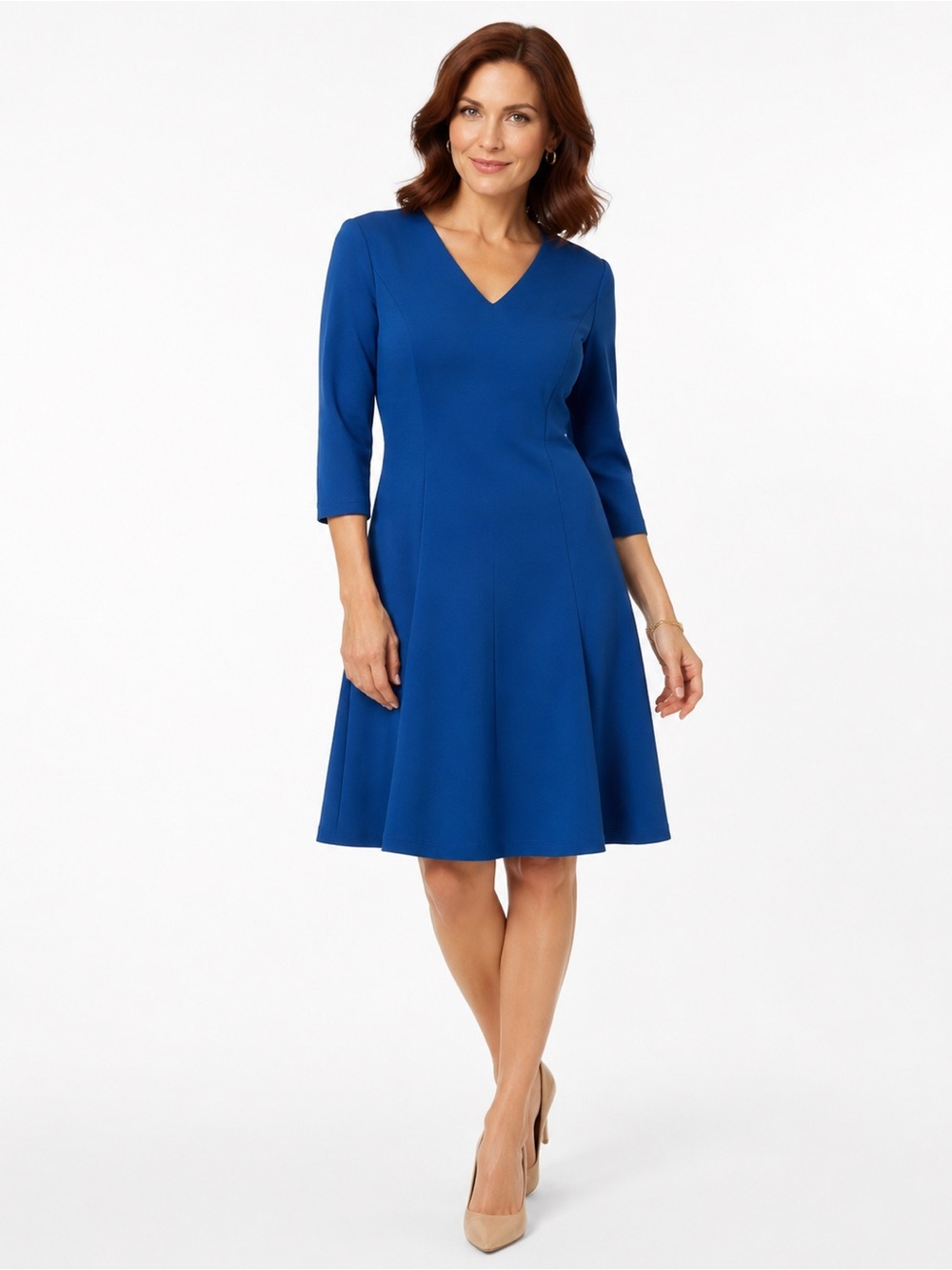 Anne Klein Medium Blue Scuba Fit & Flare V-Neck Work Dress Size 6